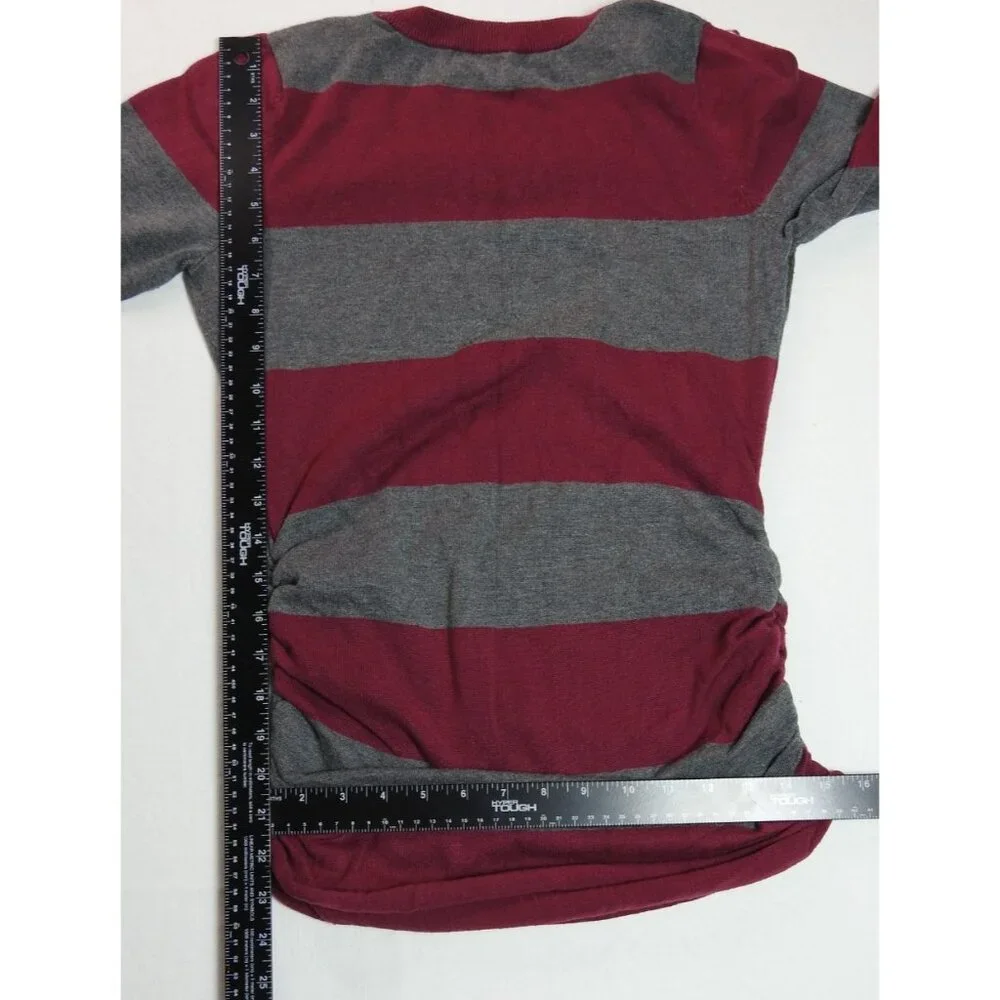 Pink Rose Burgundy Gray Striped Ruched Side Sweater Top Women's Small 3/4 Sleeve